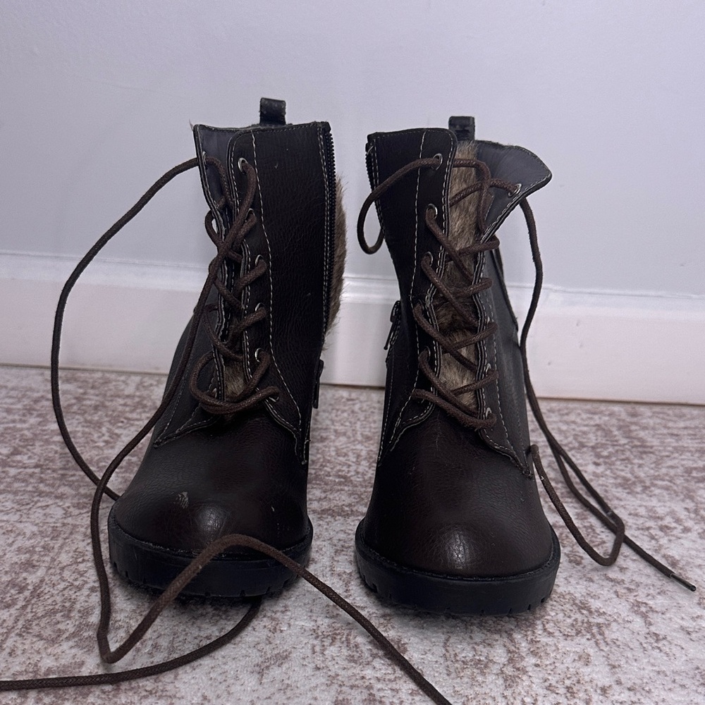 Dark Brown Lace-Up Faux Fur Trim Boots